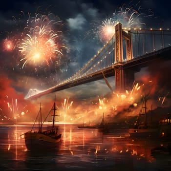 London Bridge, boats and fireworks launches. New Year's fun and festivities. A time of celebration and resolutions.