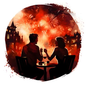 Couple at wine watching fireworks show in circle white background. New Year's fun and festivities. A time of celebration and resolutions.