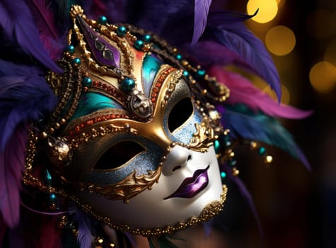 Close up of a Venetian carnival mask with gold and turquoise accents and purple feathers on a dark background with bokeh lights