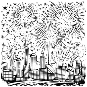 Urban skyscrapers and fireworks shooting in the sky. Black and White coloring sheet. New Year's fun and festivities. A time of celebration and resolutions.