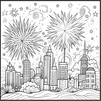Urban skyscrapers and fireworks shooting in the sky. Black and White coloring sheet. New Year's fun and festivities. A time of celebration and resolutions.