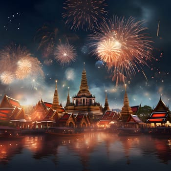 A show of colorful fireworks in the night sky with tall ancient temples in the background. New Year's fun and festivities. A time of celebration and resolutions.