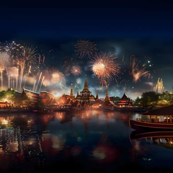 A show of colorful fireworks in the night sky with tall ancient temples in the background. New Year's fun and festivities. A time of celebration and resolutions.