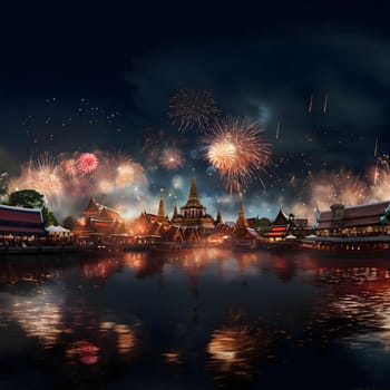 A show of colorful fireworks in the night sky with tall ancient temples in the background. New Year's fun and festivities. A time of celebration and resolutions.