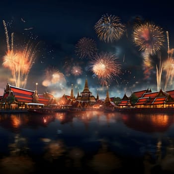 A show of colorful fireworks in the night sky with tall ancient temples in the background. New Year's fun and festivities. A time of celebration and resolutions.