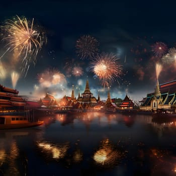 A show of colorful fireworks in the night sky with tall ancient temples in the background. New Year's fun and festivities. A time of celebration and resolutions.