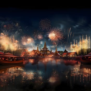 A show of colorful fireworks in the night sky with tall ancient temples in the background. New Year's fun and festivities. A time of celebration and resolutions.