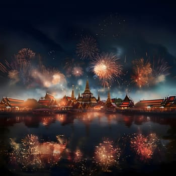 A show of colorful fireworks in the night sky with tall ancient temples in the background. New Year's fun and festivities. A time of celebration and resolutions.