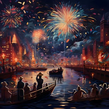 Illustration, people in boats watching a display of colorful fireworks. New Year's fun and festivities. A time of celebration and resolutions.