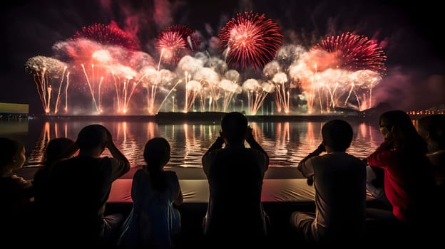 A group of people watching a display of colorful fireworks over the water. New Year's fun and festivities. A time of celebration and resolutions.