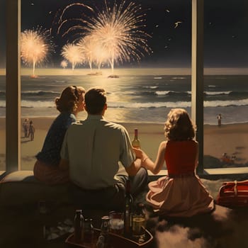 A 1930s-style family with champagne on the beach watching a fireworks display. New Year's fun and festivities. A time of celebration and resolutions.