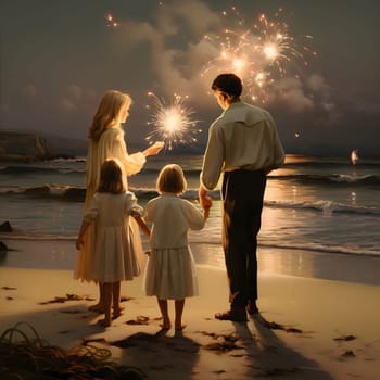 Young parents with two daughters in traditional costumes on the beach with cold fires. New Year's fun and festivities. A time of celebration and resolutions.