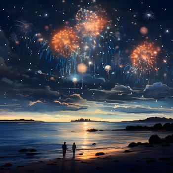 Illustration silhouette of a couple on the beach watching a fireworks show. New Year's fun and festivities. A time of celebration and resolutions.