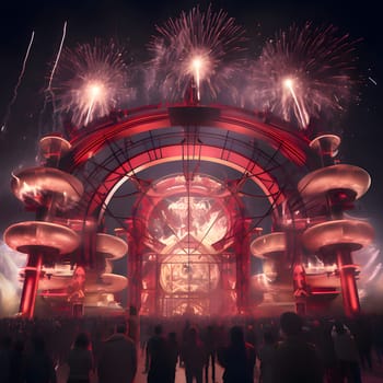 Abstract futuristic building generating fireworks people watching them. New Year's fun and festivities. A time of celebration and resolutions.