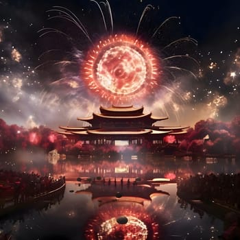Gathered residents around a Chinese temple watching a fireworks display. New Year's fun and festivities. A time of celebration and resolutions.