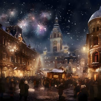 Residents gathered at the Christmas market in front of the temple watching the fireworks display. New Year's fun and festivities. A time of celebration and resolutions.