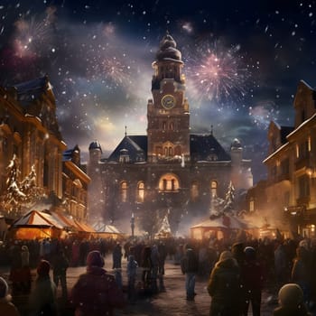 Residents gathered at the Christmas market in front of the temple watching the fireworks display. New Year's fun and festivities. A time of celebration and resolutions.