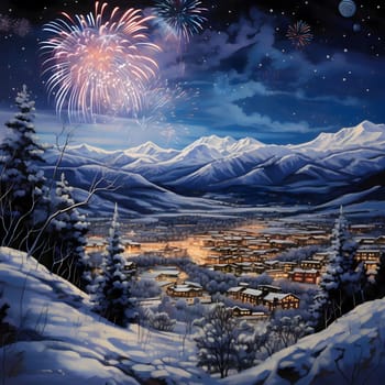 Winter rural scenery mountains covered with snow and fireworks in the sky. New Year's fun and festivities. A time of celebration and resolutions.