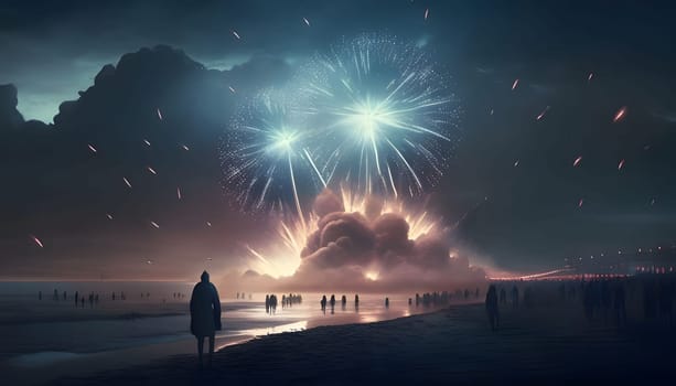 The beach, the sea and the shooting of colorful fireworks against the night sky. New Year's fun and festivities. A time of celebration and resolutions.