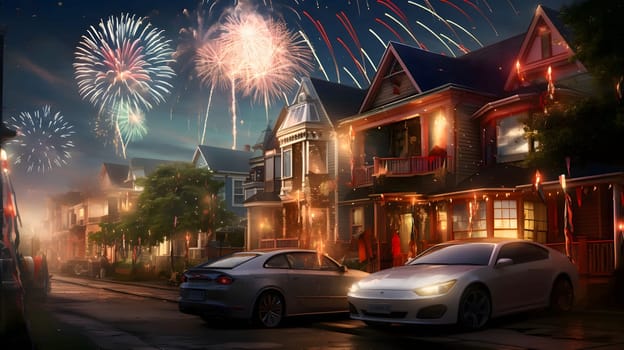 Explosions of colorful fireworks around residential homes and cars. New Year's fun and festivities. A time of celebration and resolutions.