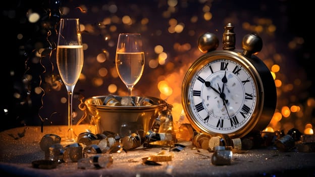 Clock pointer glass, champagne, streamers, confetti in bokeh effect in the background.New Year's Eve background, banner with space for your own content. Blank field for the inscription.