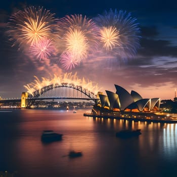 Sydney Opera House and explosions of colorful fireworks against the night sky. New Year's fun and festivities. A time of celebration and resolutions.