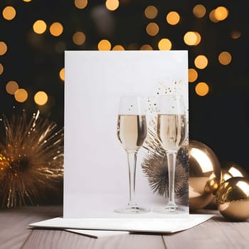 White blank card with space for your own content around a glass of champagne gold baubles, bokeh effect in the background. New Year's fun and festivities.
