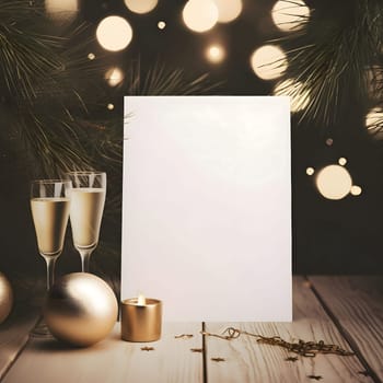 White blank card with space for your own content around a glass of champagne gold baubles, bokeh effect in the background. New Year's fun and festivities.
