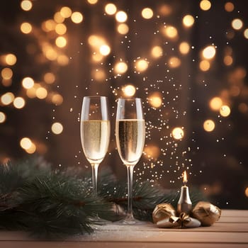 Two champagne glasses, spruce branches and a candle and bokeh effect in the background. New Year's fun and festivities. A time of celebration and resolutions.