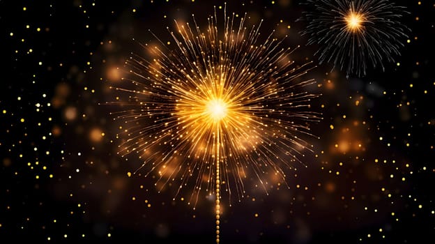 Golden fireworks, explosions in the night sky. New Year's fun and festivities. A time of celebration and resolutions.