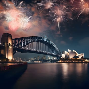 Harbour Bridge and Sydney Opera House at night, with the backdrop of the sky shooting off colorful fireworks. New Year's fun and festivities. A time of celebration and resolutions.