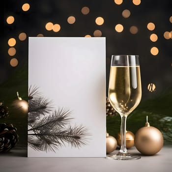 White blank card with space for your own content around a glass of champagne gold baubles, bokeh effect in the background. New Year's fun and festivities.