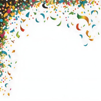 White blank card with space for your own content, around colored confetti. New Year fun and festivities.