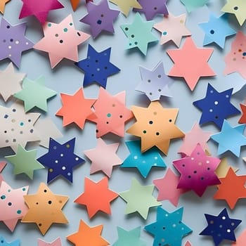 Colorful stars and tiny confetti on a white background. New Year's party and celebrations. A time of celebration and resolutions.