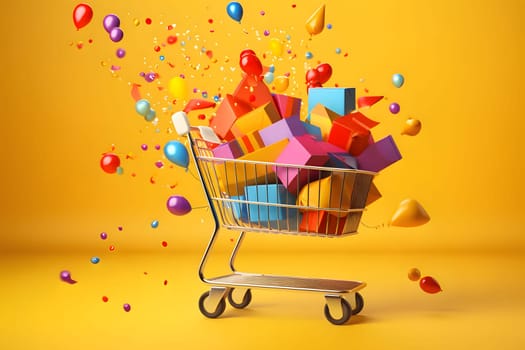 Shopping cart with gifts around confetti yellow background. New Year's party and celebrations. A time of celebration and resolutions.