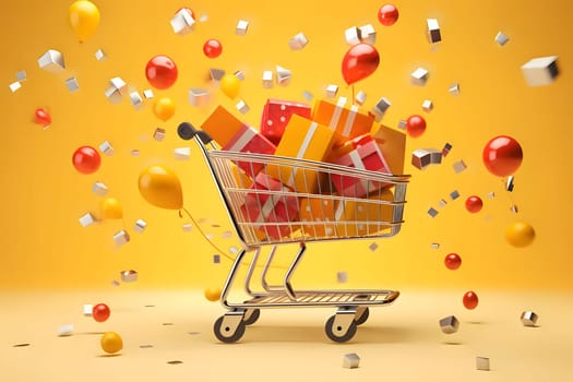Shopping cart with gifts around confetti yellow background. New Year's party and celebrations. A time of celebration and resolutions.