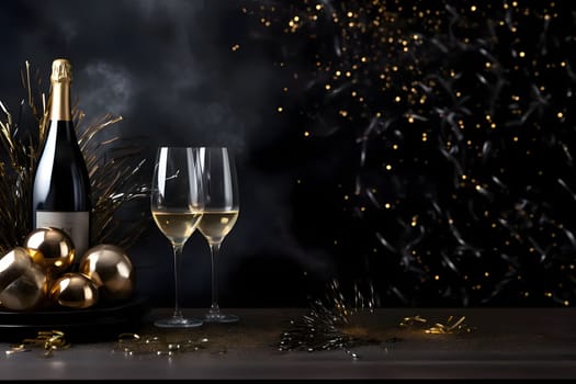 Champagne bottle golden baubles, two glasses in the background golden confetti.New Year's Eve background, banner with space for your own content. Blank space for the inscription.