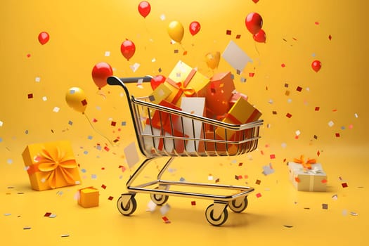 Shopping cart with gifts around confetti yellow background. New Year's party and celebrations. A time of celebration and resolutions.