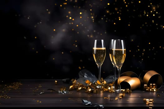 Champagne glasses, golden streamers and confetti in the background.New Year's Eve background, banner with space for your own content. Blank space for the inscription.