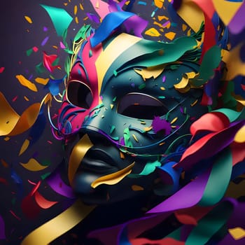Carnival mask all around colorful rainbow confetti and streamers. New Year's party and celebrations. A time of celebration and resolutions.