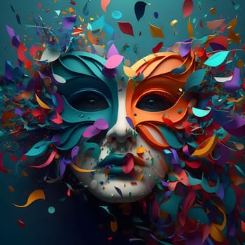 Carnival mask all around colorful rainbow confetti and streamers. New Year's party and celebrations. A time of celebration and resolutions.
