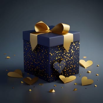 Gift with a bow, around gold hearts, confetti, uniform bright background. New Year's party and celebrations. A time of celebration and resolutions.
