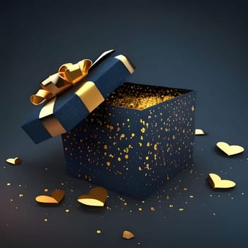 Gift with a bow, around gold hearts, confetti, uniform bright background. New Year's party and celebrations. A time of celebration and resolutions.