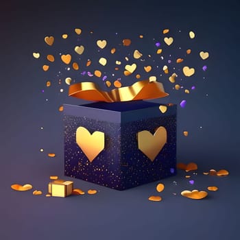 Gift with a bow, around gold hearts, confetti, uniform bright background. New Year's party and celebrations. A time of celebration and resolutions.