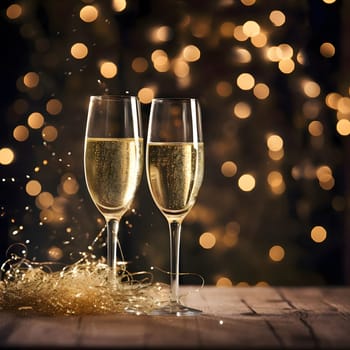 Two champagne glasses on a wooden table top, confetti in the background, warm bokeh effect.New Year's Eve background, banner with space for your own content. Blank space for the inscription.