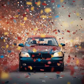 Car, all around falling colorful confetti.New Year's Eve background, banner with space for your own content. Blank space for the inscription.