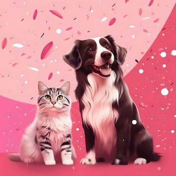 Dog and cat around falling confetti, illustration. New Year's party and celebrations. A time of celebration and resolutions.