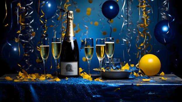 Bottle and glasses, champagne balloons streamers and confetti on the table. New Year's party. New Year's party and celebrations. A time of celebration and resolutions.