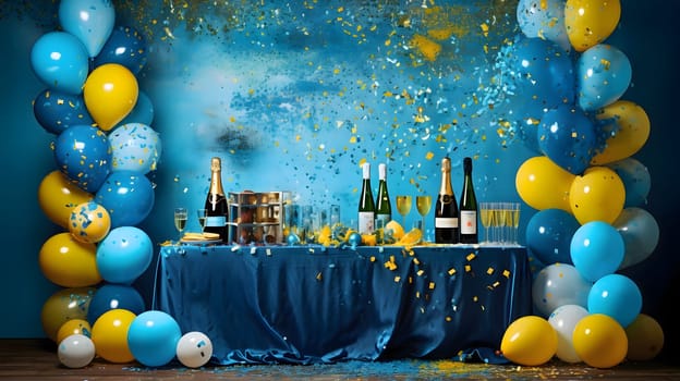 Bottle and glasses, champagne balloons streamers and confetti on the table. New Year's party. New Year's party and celebrations. A time of celebration and resolutions.