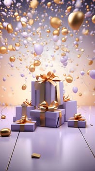 Purple gifts with gold bows at the top of confetti. New Year's party and celebrations. A time of celebration and resolutions.